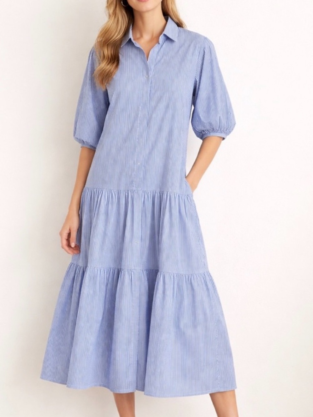 ANN MASHBURN Light Blue Striped Maxi Dress